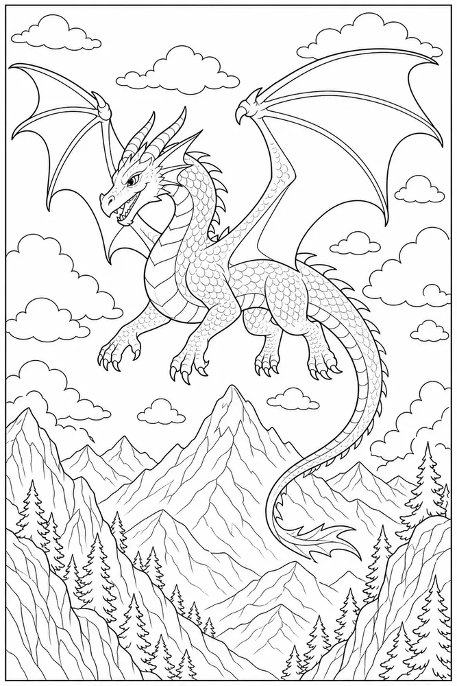 Flying Dragon Over Mountains coloring page