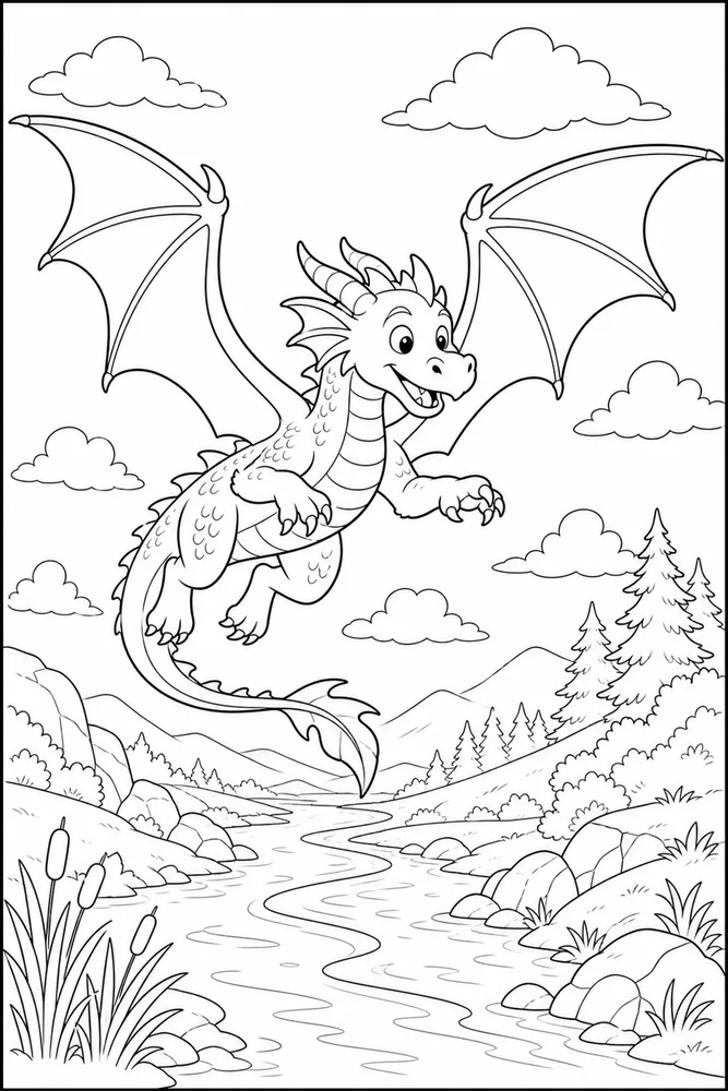 Flying Dragon River Below coloring page