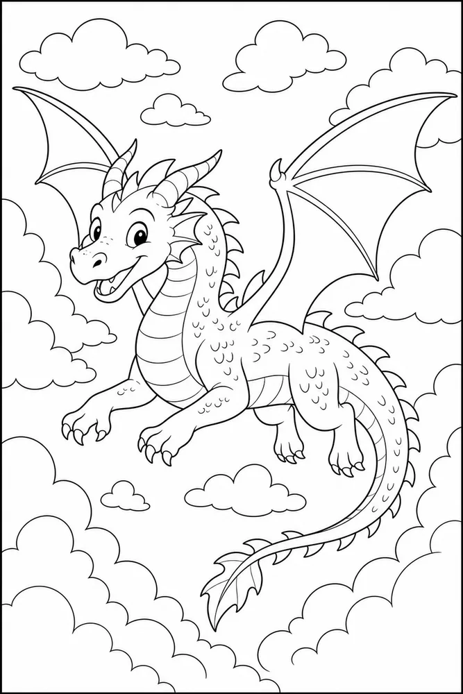 Flying Dragon Through Clouds coloring page