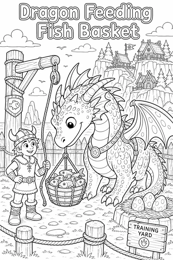 How to Train Your Dragon Dragon Feeding Fish Basket printable coloring page