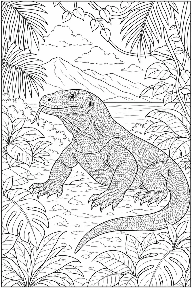 Komodo Dragon Tropical Leaves coloring page