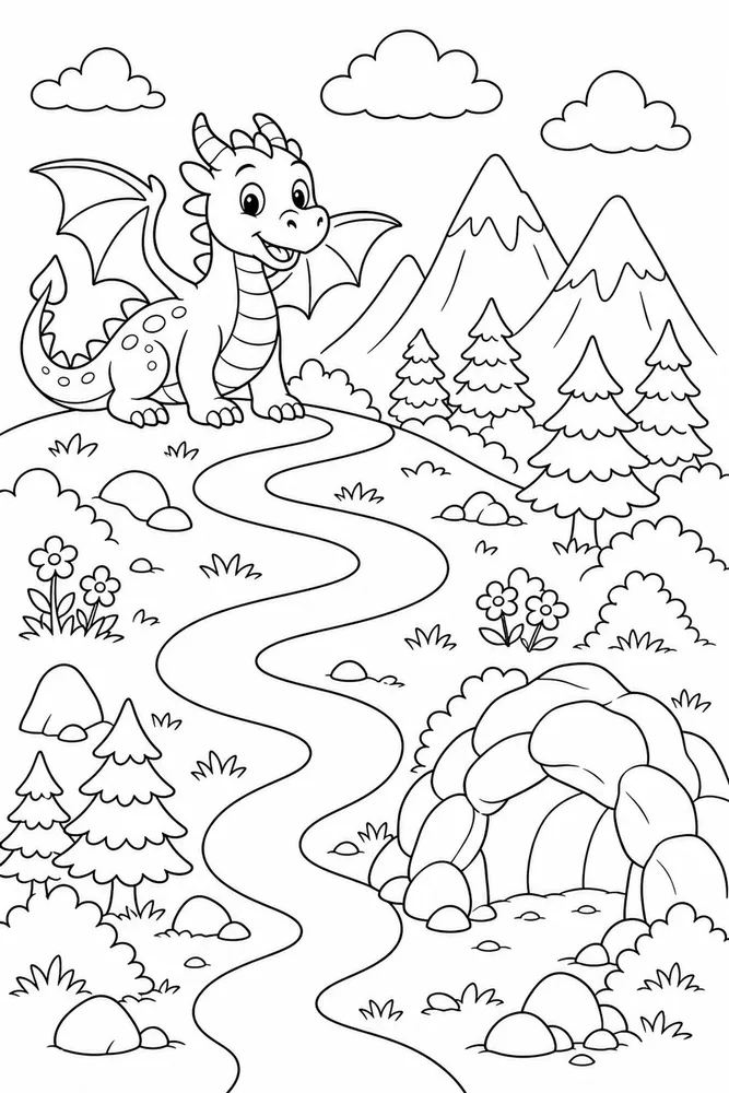 Preschool Dragon Easy Path coloring page