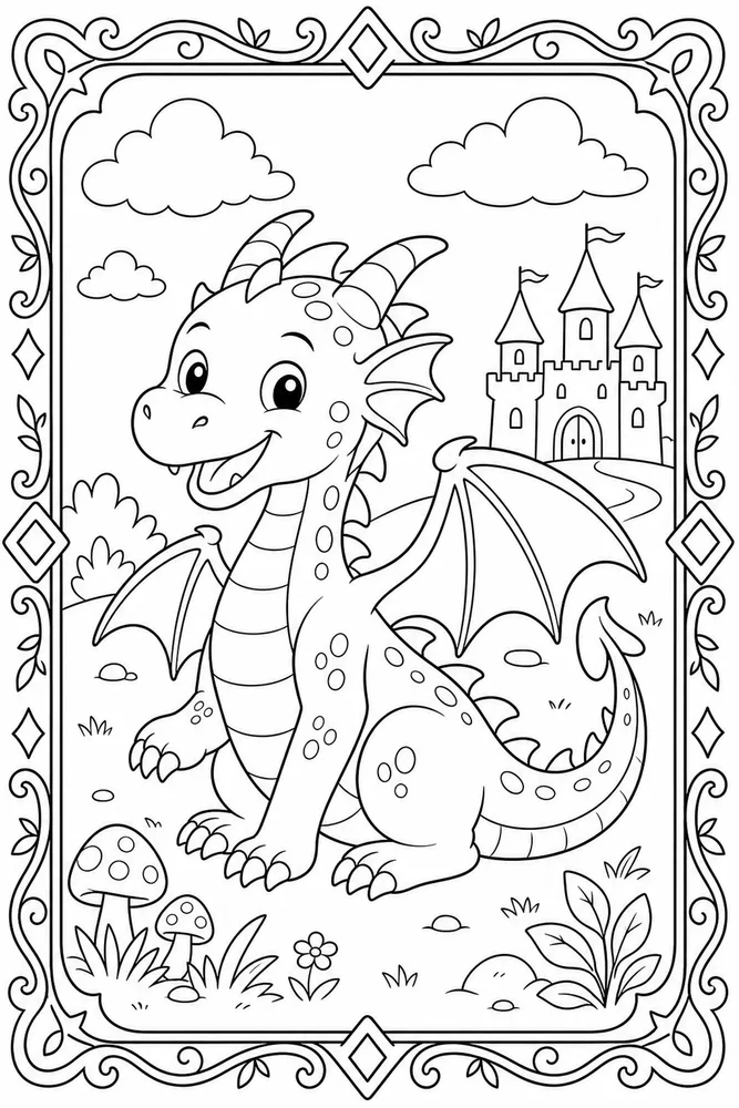 Preschool Dragon Large Border coloring page