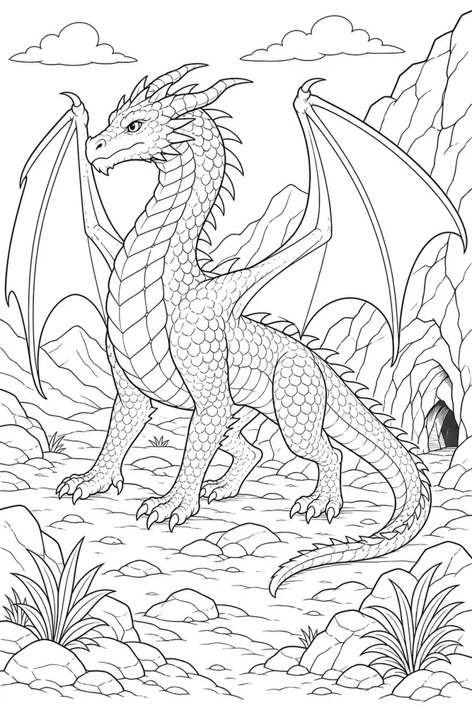 Realistic Dragon Habitat Portrait coloring page