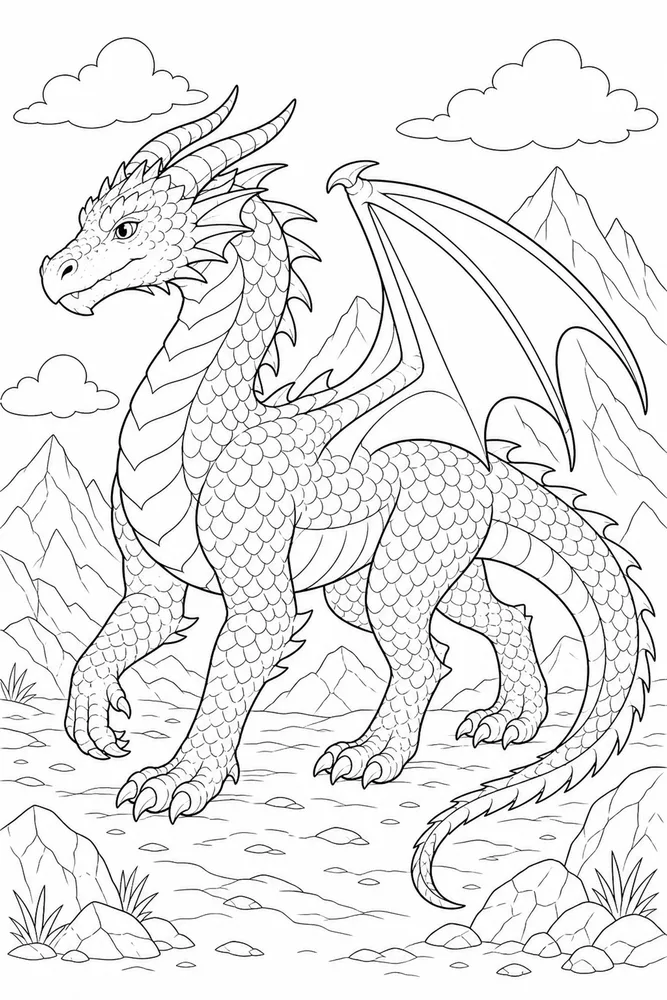 Realistic Dragon Walking Pose coloring page