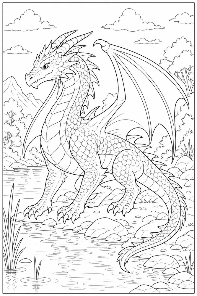 Realistic Dragon Water Edge coloring page