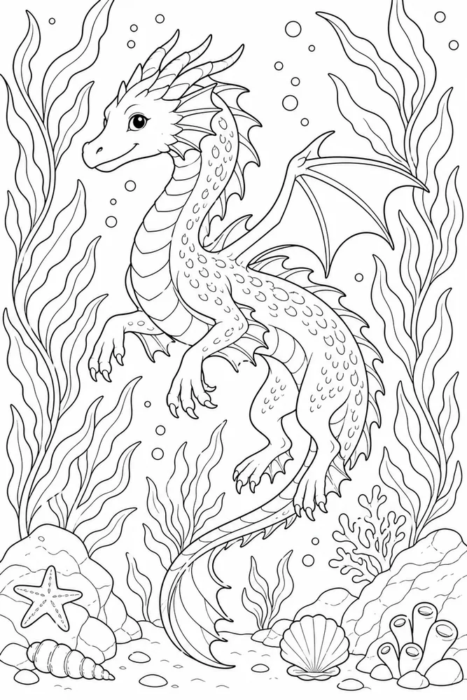 Sea Dragon Kelp Swim printable coloring page preview with clean line art.