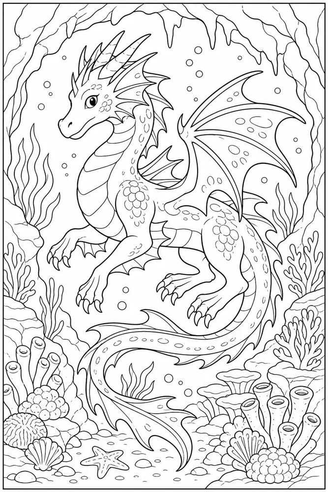 Sea Dragon Reef Cave printable coloring page preview with clean line art.