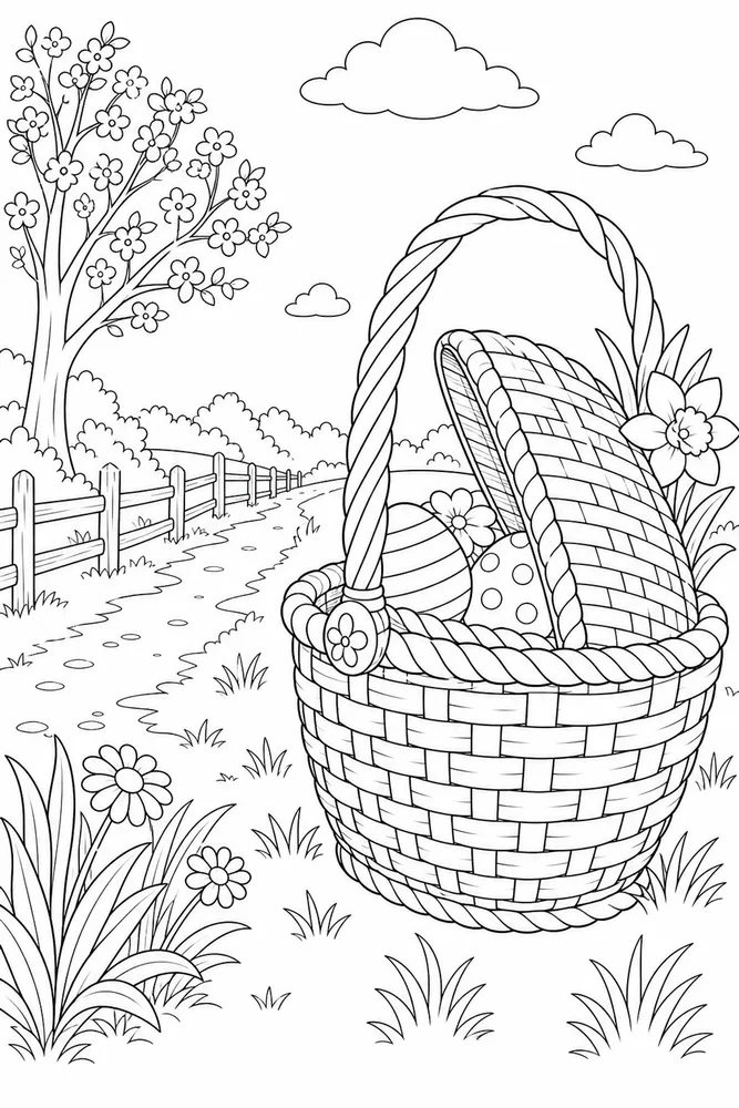 Easter Basket Easter basket garden setting coloring page