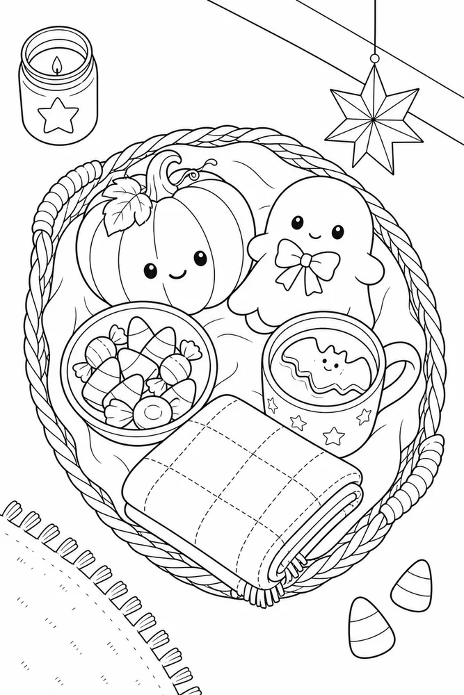 Cute Easy Halloween Cute easy halloween cozy indoor moment coloring page