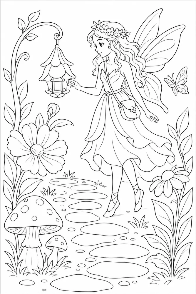Beautiful Fairy Coloring Pages preview: Beautiful Fairy Beautiful Fairy Garden Path coloring page
