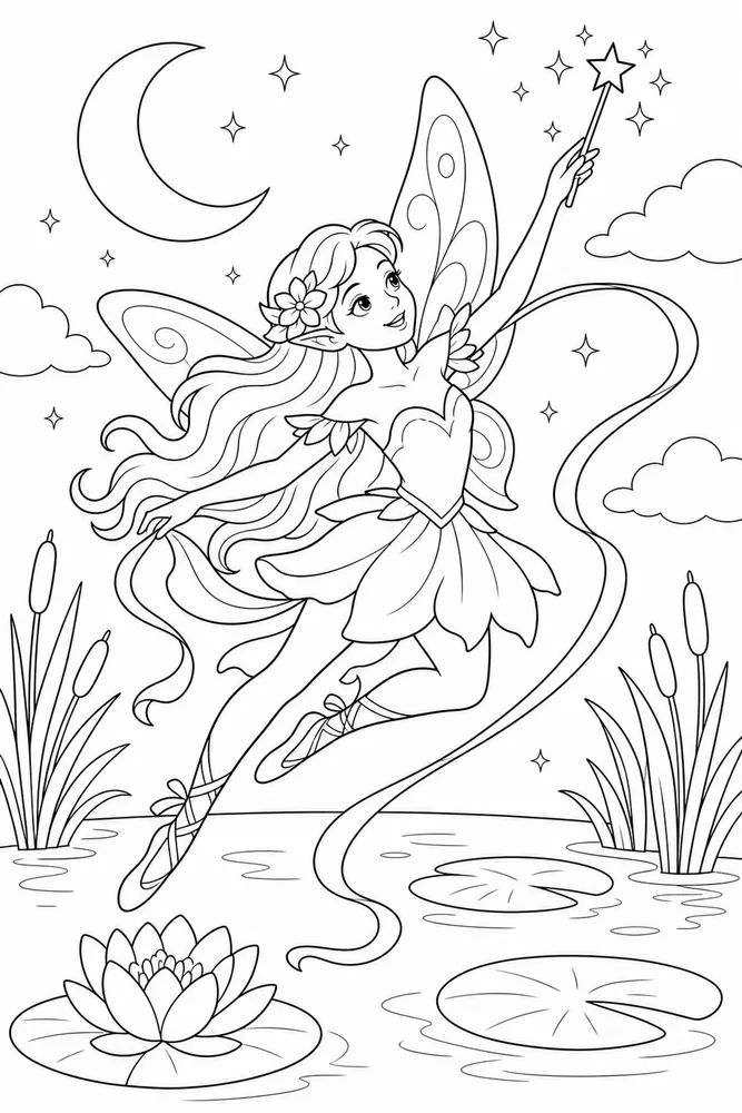 Beautiful Fairy Beautiful Fairy Moon Pond coloring page