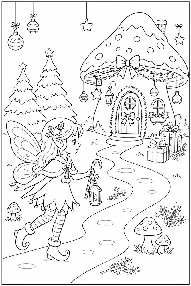 Christmas Fairy Christmas Fairy Mushroom House coloring page