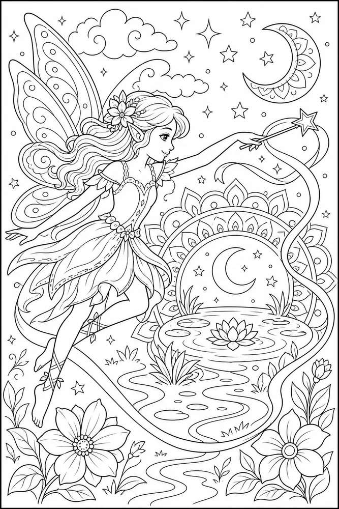 Fairy Mandala Fairy Mandala Moon Pond coloring page