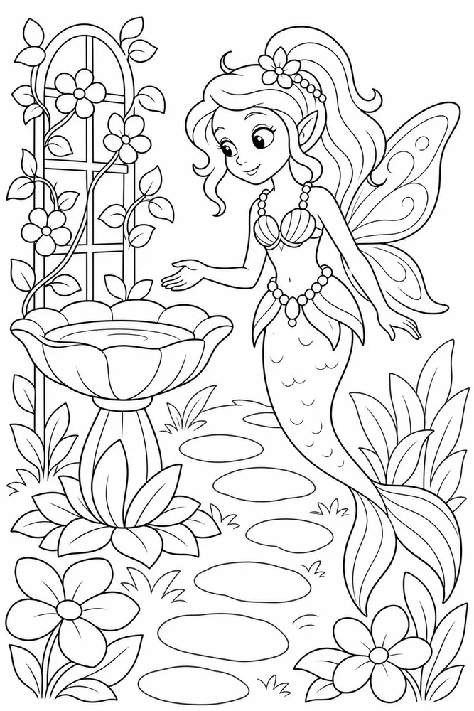 Fairy Mermaid Coloring Pages preview: Fairy Mermaid Fairy Mermaid Garden Path coloring page