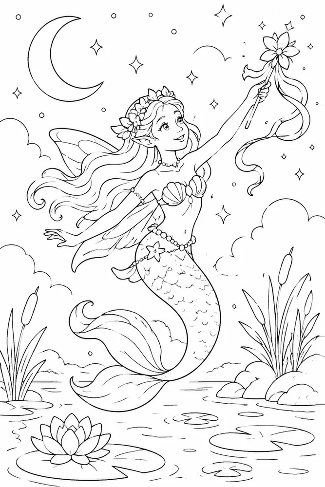 Fairy Mermaid Fairy Mermaid Moon Pond coloring page