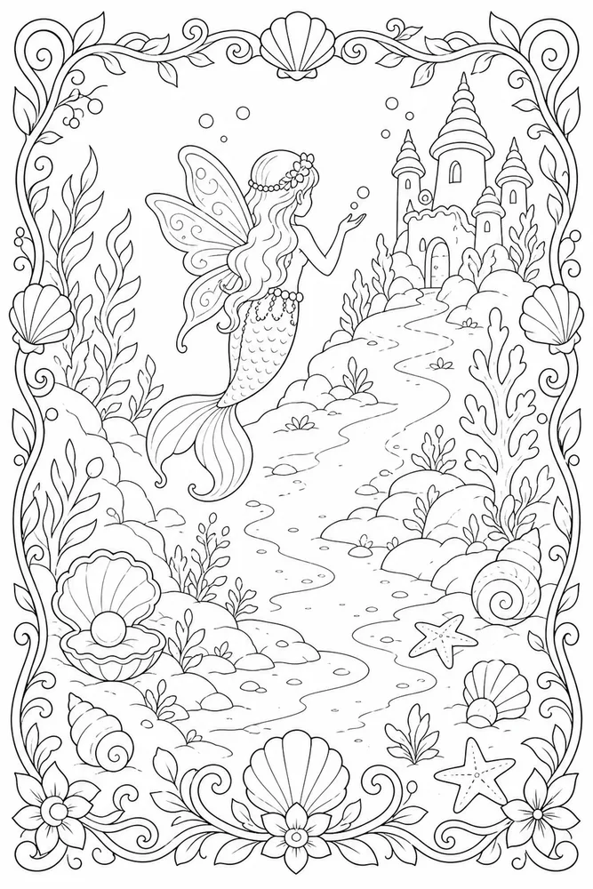Fairy Mermaid Fairy Mermaid Storybook Frame coloring page
