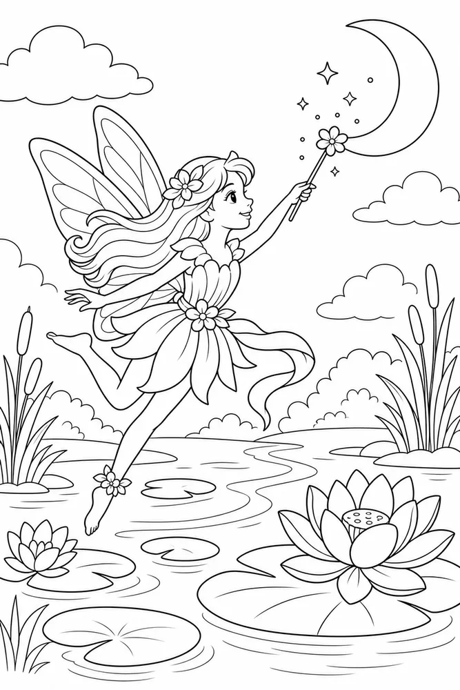 Flower Fairy Flower Fairy Moon Pond coloring page