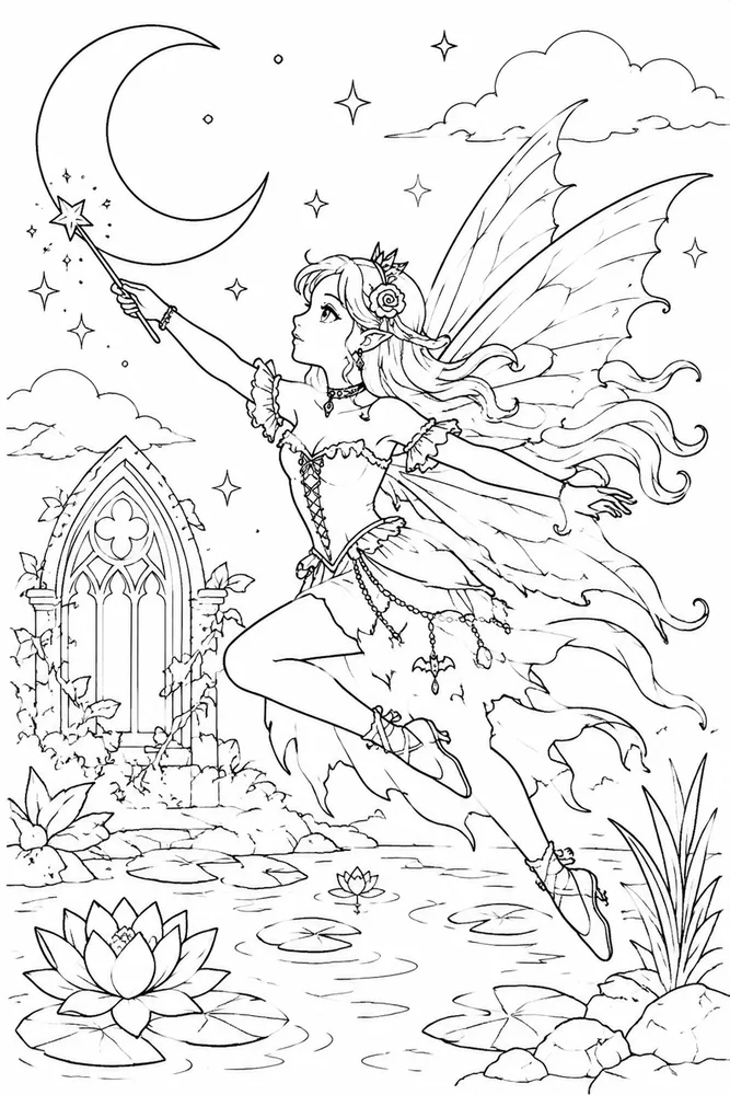 Gothic Fairy Gothic Fairy Moon Pond coloring page