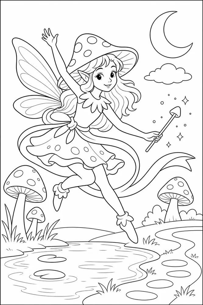 Mushroom Fairy Mushroom Fairy Moon Pond coloring page
