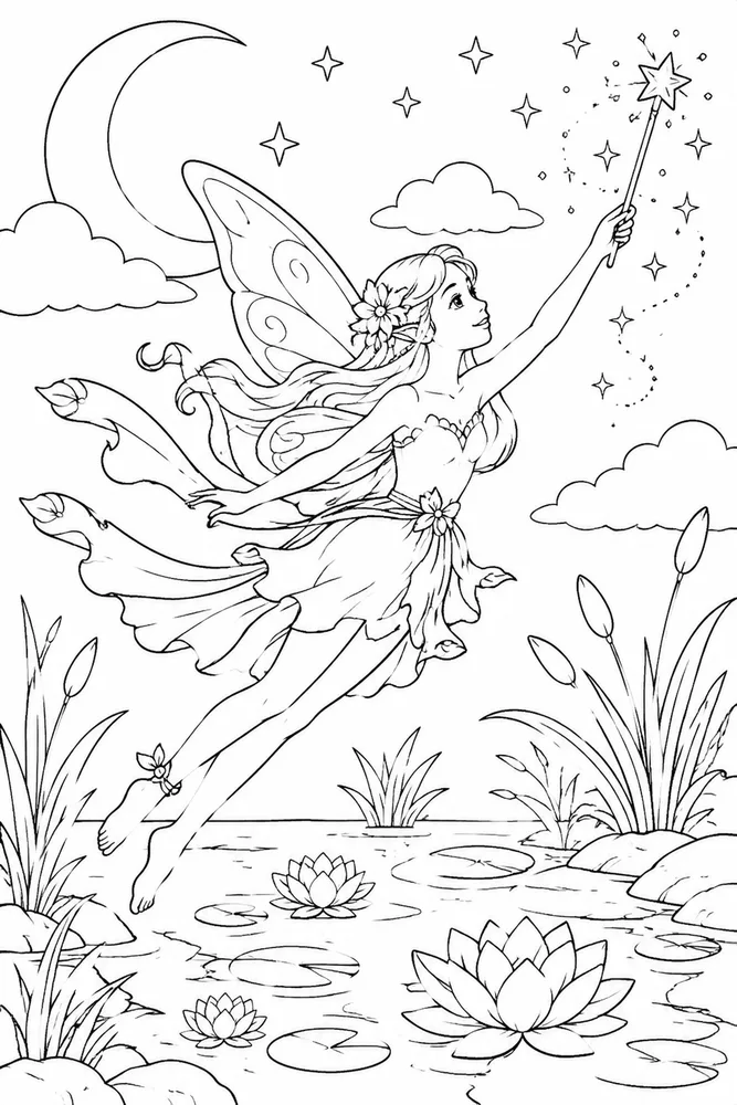 Pretty Fairy Pretty Fairy Moon Pond coloring page