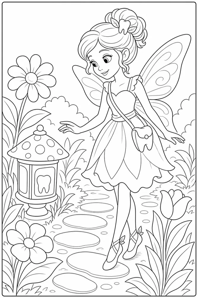 Tooth Fairy Coloring Pages preview: Tooth Fairy Tooth Fairy Garden Path coloring page