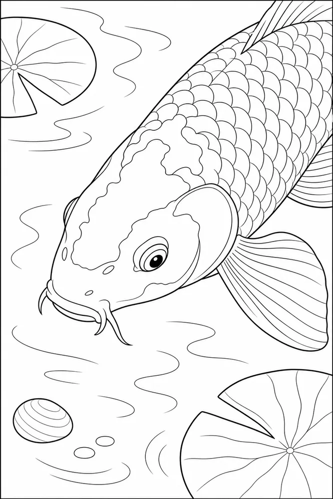 Koi Fish Koi fish close up detail coloring page