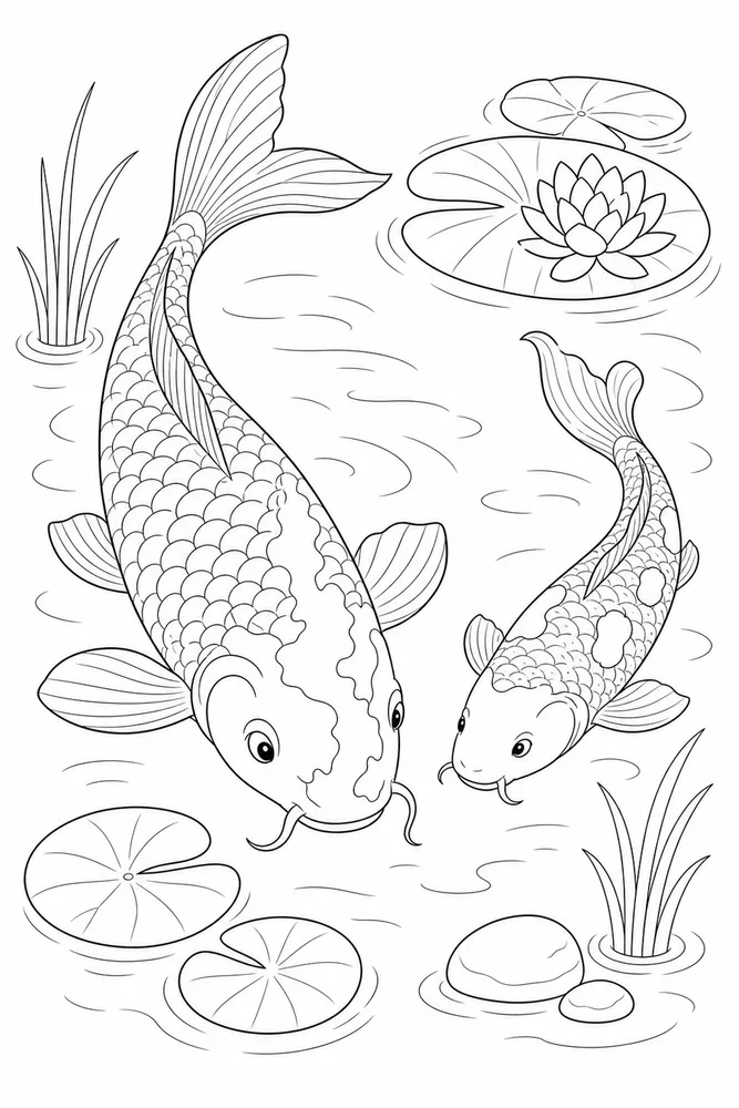 Koi Fish Koi fish family scene coloring page