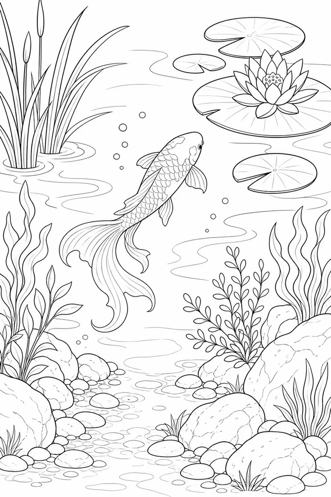 Koi Fish Koi fish habitat background coloring page