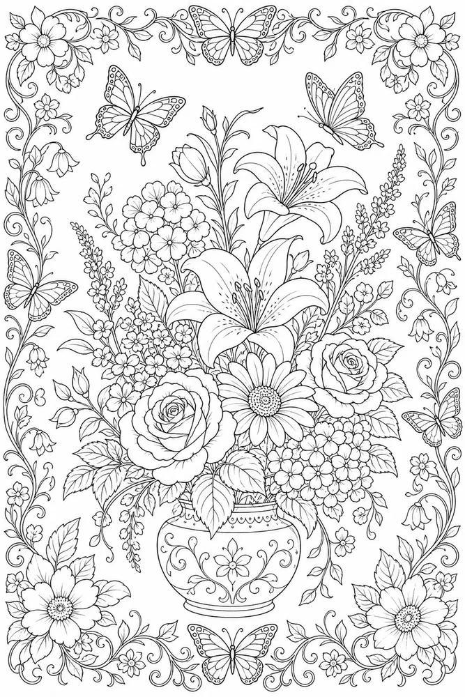 Adult Flower Butterfly Border coloring page