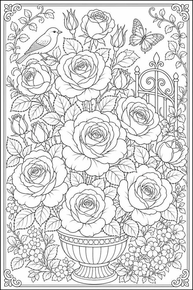 Adult Flower Detailed Rose Garden coloring page