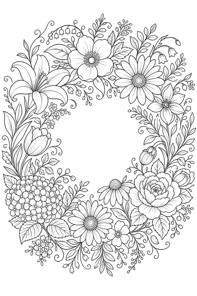 Adult flower wreath printable coloring page with detailed petals