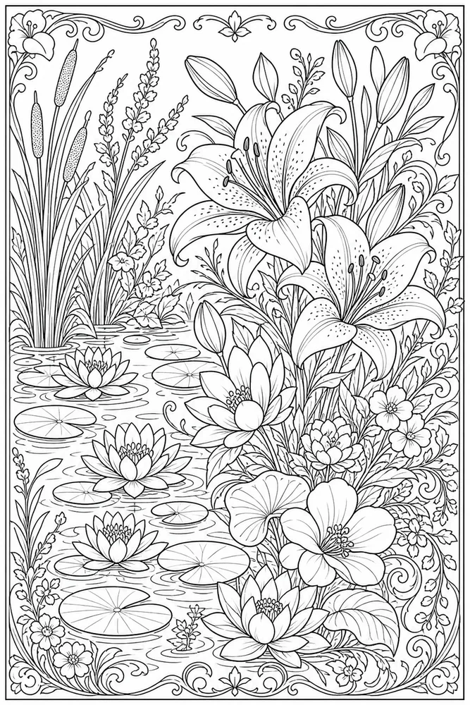 Adult Flower Lily Pond Detail coloring page