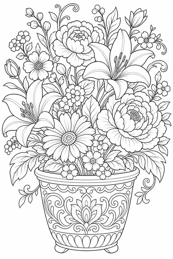 Adult Flower Ornate Flower Pot coloring page