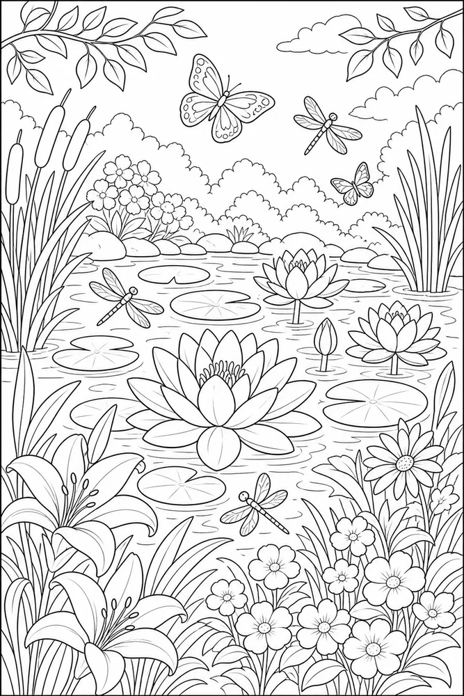 Beautiful Flower Lily Pond coloring page