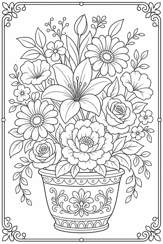 Beautiful Flower Ornate Pot coloring page