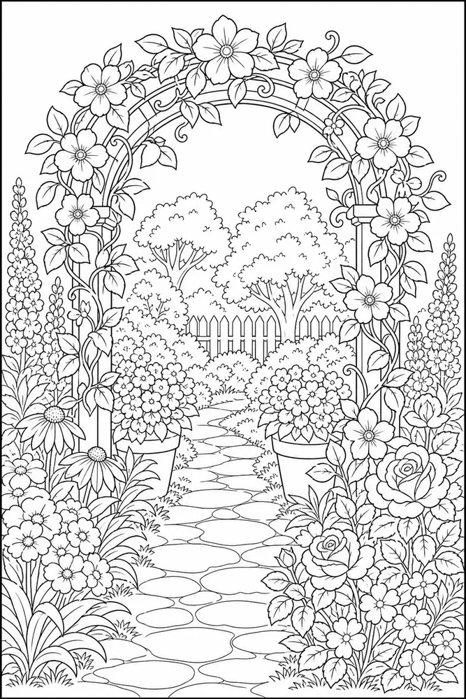 Beautiful Flower Coloring Pages preview: Beautiful Flower Pretty Garden Arch coloring page
