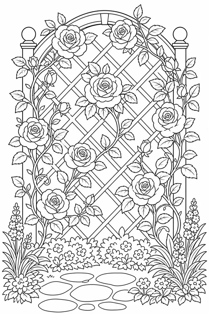 Beautiful Flower Rose Trellis coloring page