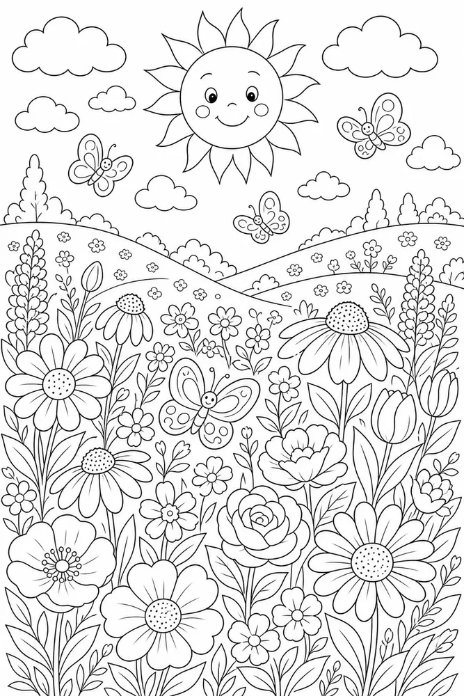 Beautiful Flower Sunny Flower Field coloring page