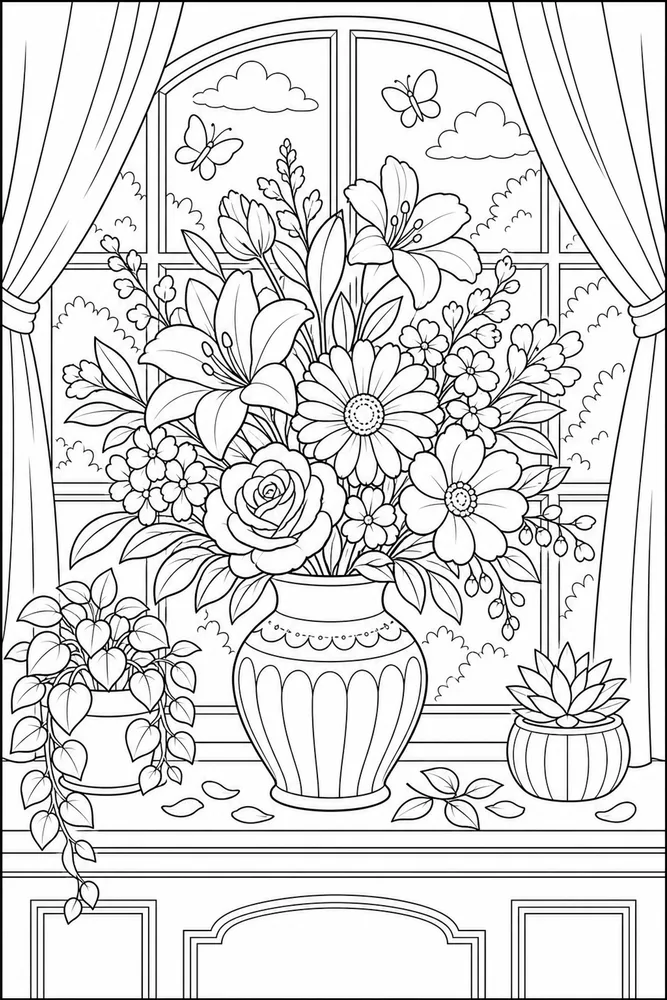 Beautiful Flower Window Vase coloring page