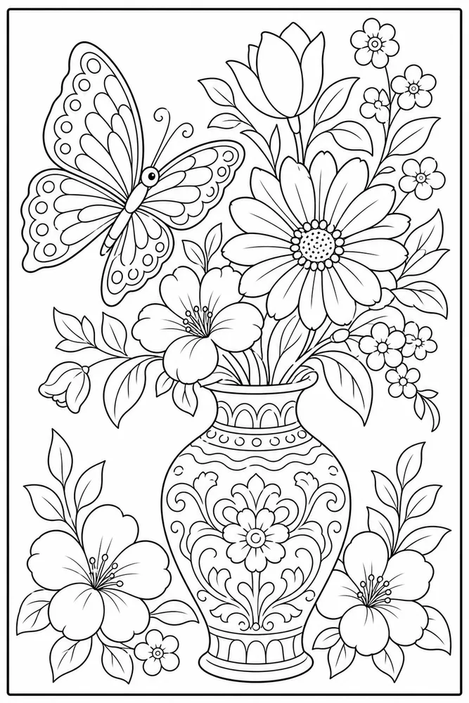 Butterfly Flower Butterfly Near Vase coloring page