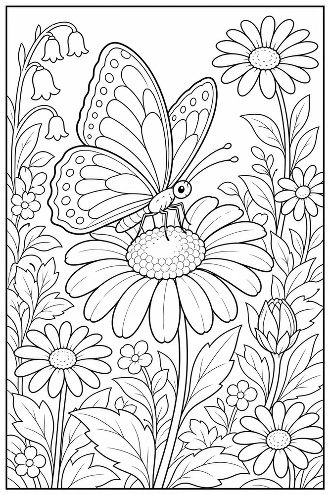 Butterfly Flower Coloring Pages preview: Butterfly Flower Butterfly On Daisy coloring page