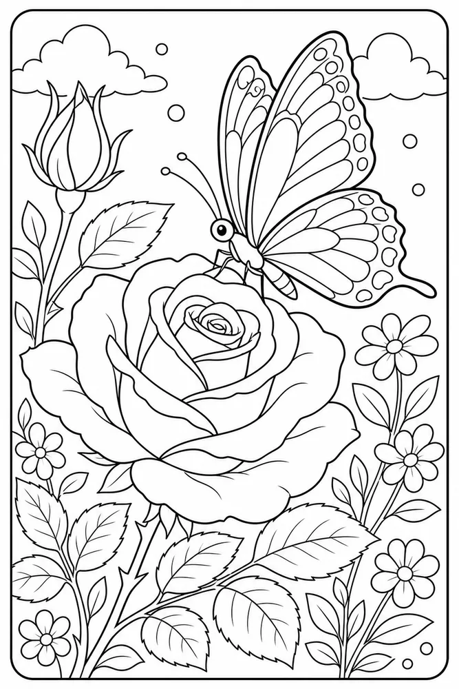 Butterfly Flower Rose With Butterfly coloring page