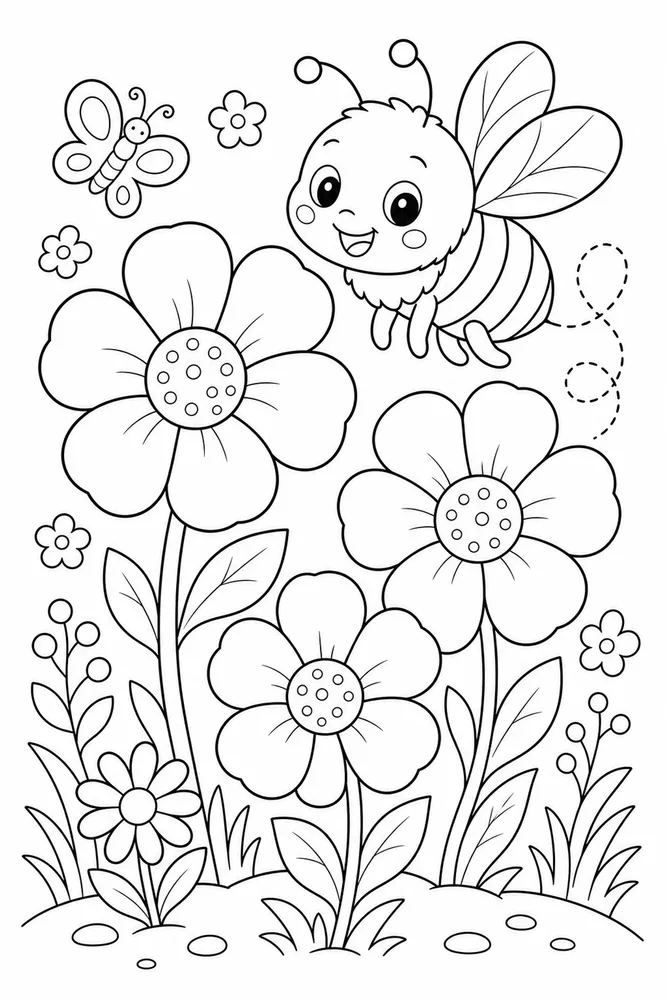 Cute Flower Bee Visit coloring page