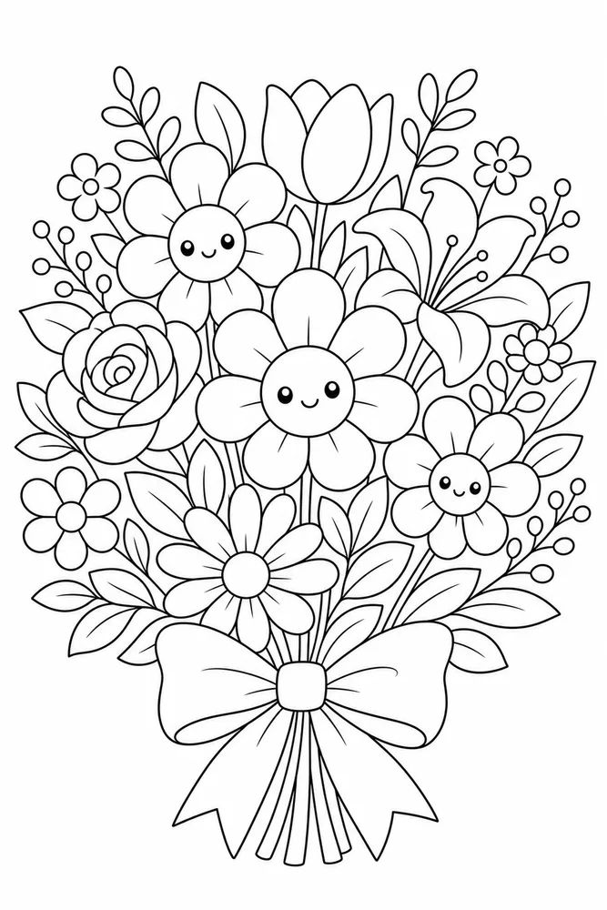 Cute Flower Bouquet Bow coloring page