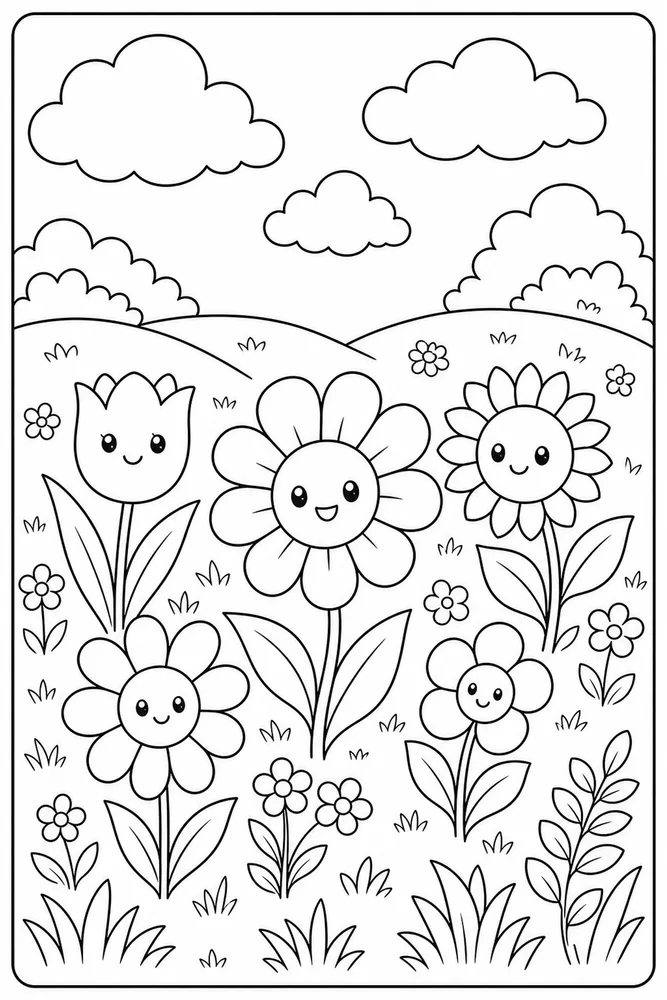 Cute Flower Cloudy Meadow coloring page