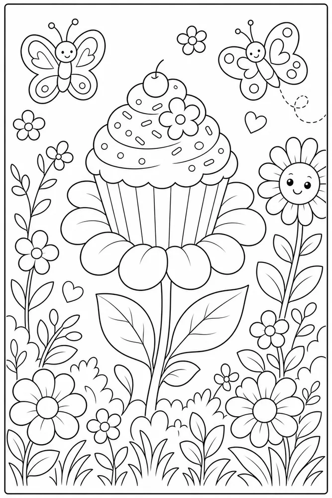 Cute Flower Cupcake Flower coloring page