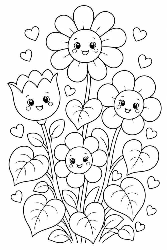 Cute Flower Heart Leaves coloring page