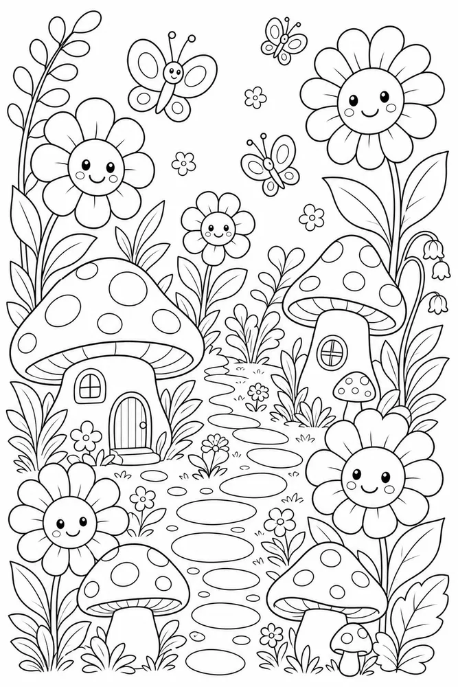 Cute Flower Mushroom Garden coloring page