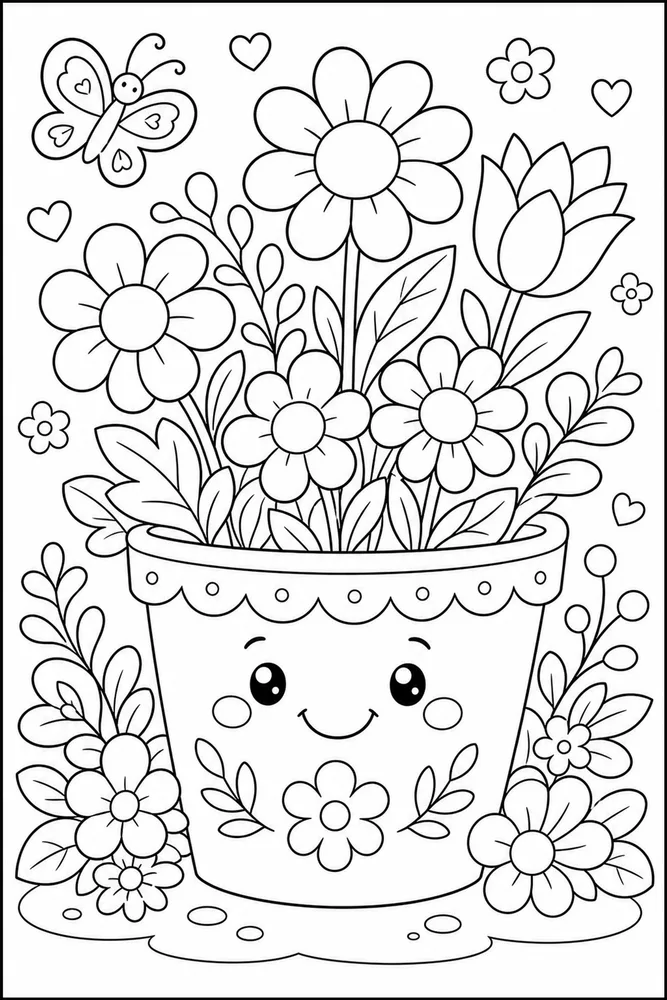 Cute Flower Smiling Flower Pot coloring page